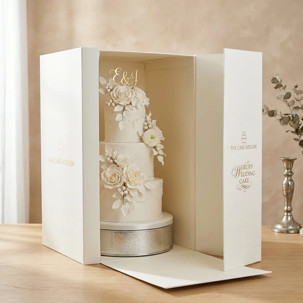 14-inch to 20-inch tall tiered wedding cake box with drop-down front panel